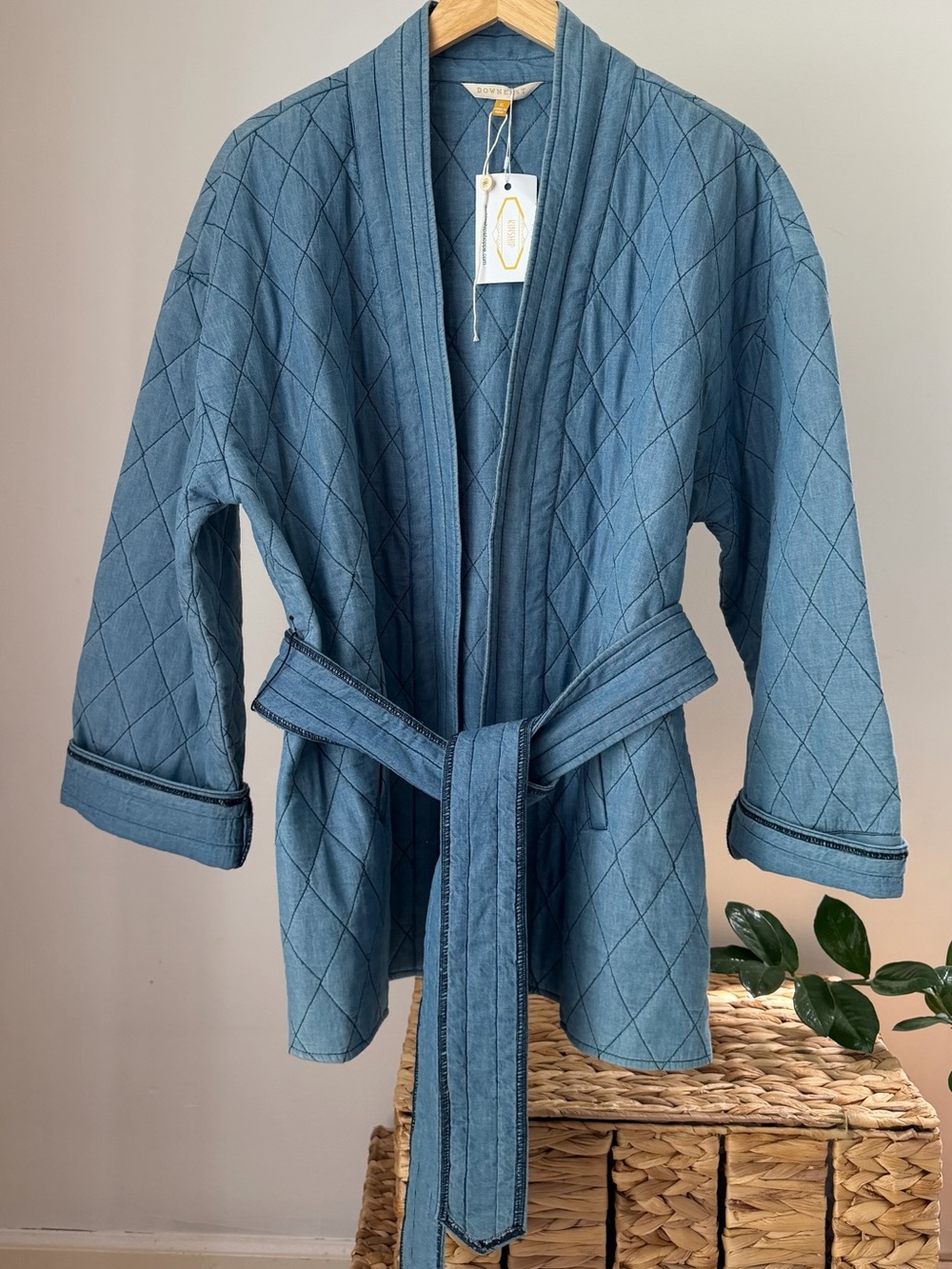 NWT Women's DOWNEAST Blue Quilted Kimono Wrap Jacket Belted Cotton Size XL NEW